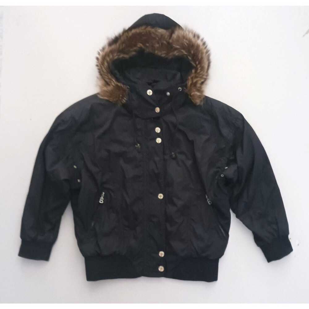 VTG Bogner Blk Nylon Crop Ski Jacket Hood w Fur Trim Sz 10/Med Made USA